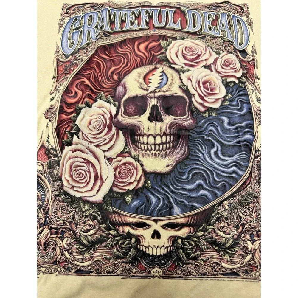 Grateful Dead T-Shirt XL Cream Skull & Roses 2018 Gildan Heavy Cotton‎ Men's Tee